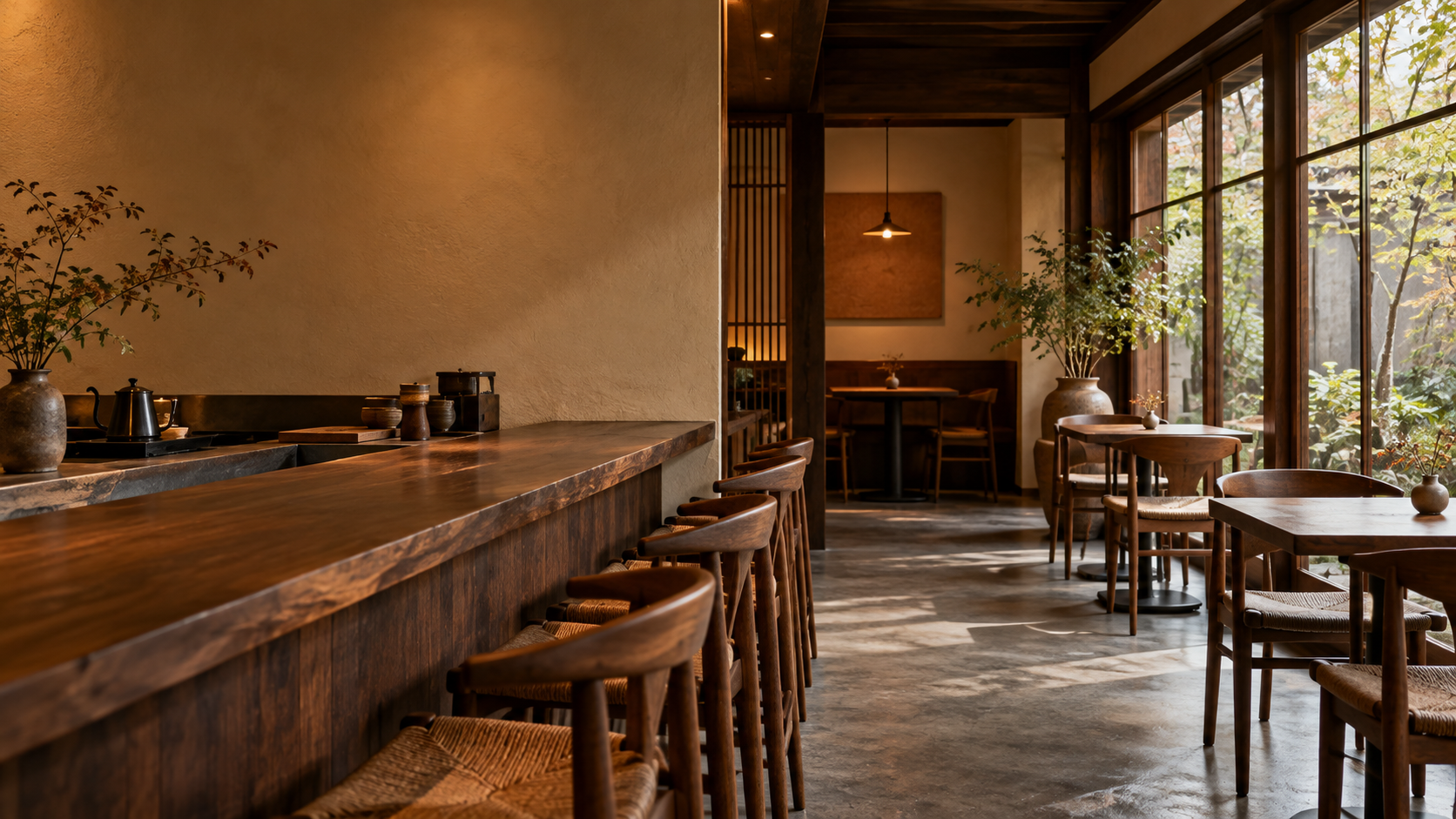 木のカウンターと、窓からやわらかな自然光が差し込む静かなカフェの店内